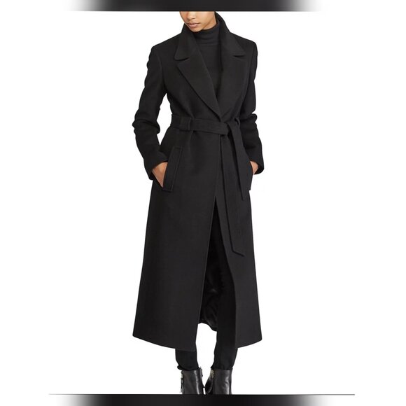 Ralph Lauren Belted Tie Wrap Maxi Wool Blend Black Women's Long Coat Size 4 - Picture 1 of 12